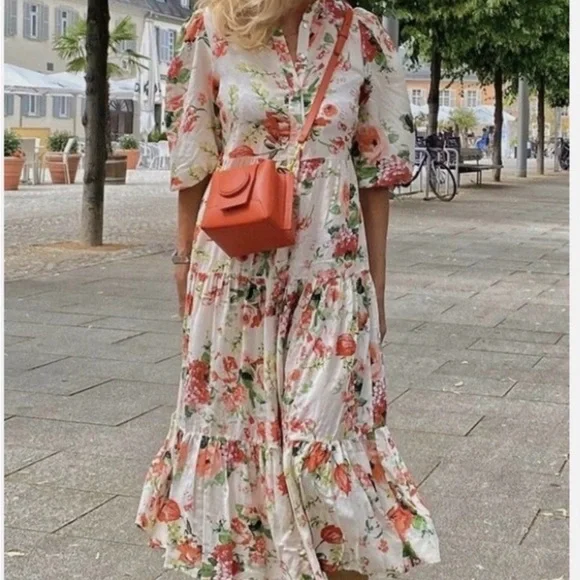 Zara Floral Long Sleeve Dress - Red and Green - Picture 7 of 7